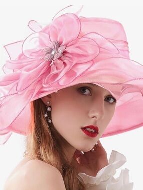 Pink Organza Wide Brim Derby Hat with Floral Accent